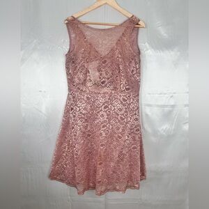 David's Bridal Rose Gold Metallic A Line Lace Overlay Sleeveless Dress Size 16